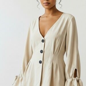 Forever 21 Womens Beige V Neck Button Front Blouse Top Tie Sleeve‎ Shirt S